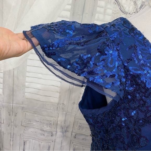 R & M Richards Size 14 Blue Sequined Dress Flutter Sleeve V Neck Cocktail Sheath - Picture 12 of 12